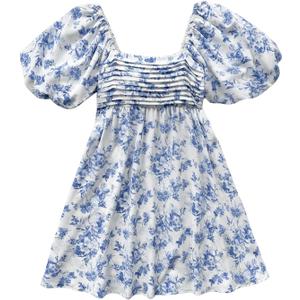 Floerns Women's Floral Dress Puff Sleeve Dress Square Neck Summer Vacation Picnic Mini Dresses (Medium, Blue and White)