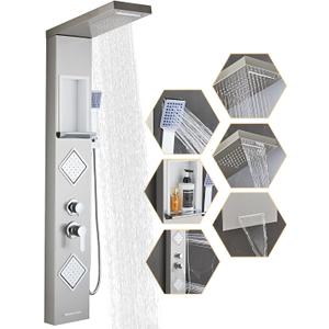 Shower Panel Tower System with Storage- Brushed Gray