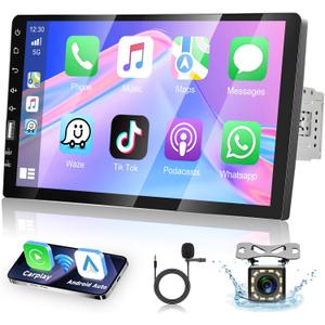 [Upgrade] 9 Inch Single Din Car Stereo Touchscreen Radio with Apple Carplay, Bluetooth, Android Auto, MirrorLink, Podofo Car Radio with FM/USB/SD/AUX/Subwoofer Ports, Fast Charging, Backup Camera