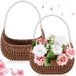 Taiyin 2 Pcs Rattan Flower Girl Basket with Pearl Handle Small Half Moon Wicker Basket for Wedding Flower Girl Picnic Garden Storage and Home Decor (Dark Brown)