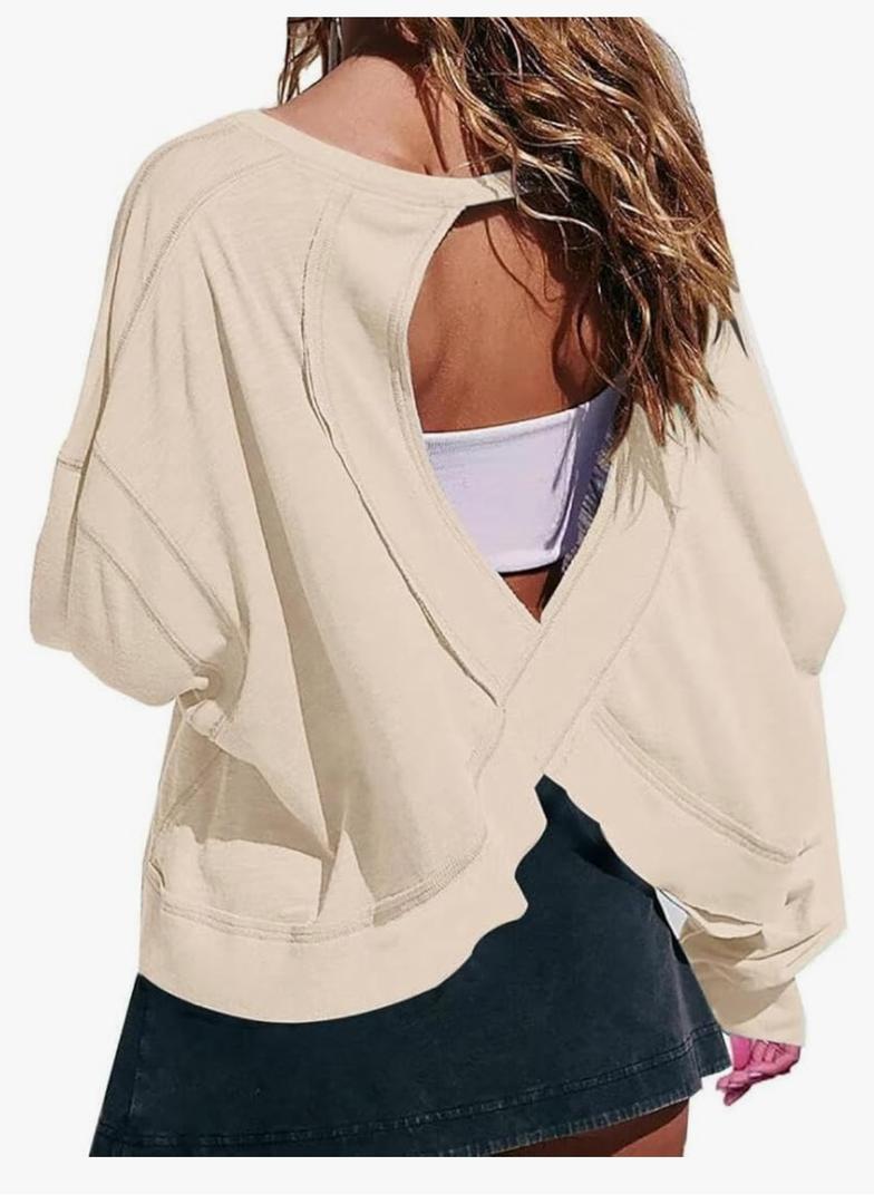 FMCHICO Backless Top for Women Crop Oversized Crewneck Pullovers Casual Loose Long Sleeve Shirts Running Y2k Yoga Outfits M