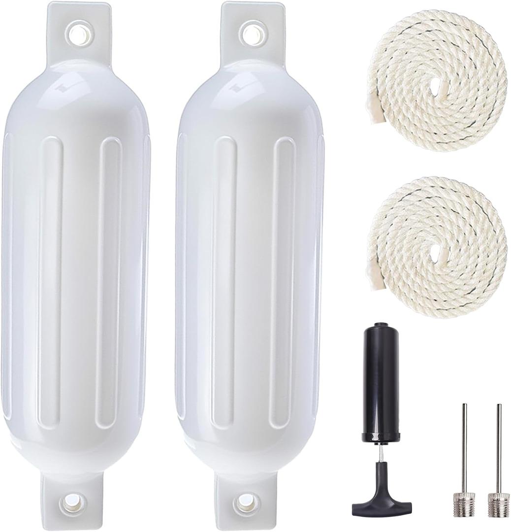 Boat Fenders 2-4 Pack Boat Bumpers for Docking 4.5"/5.5"/6.3"/8.3" | Inflatable Ribbed Marine buoys Bumper for Docking with 4 Ropes,4 Needles and 1 Pump,Pontoon Boat Fender for Yachts,Bass Boats