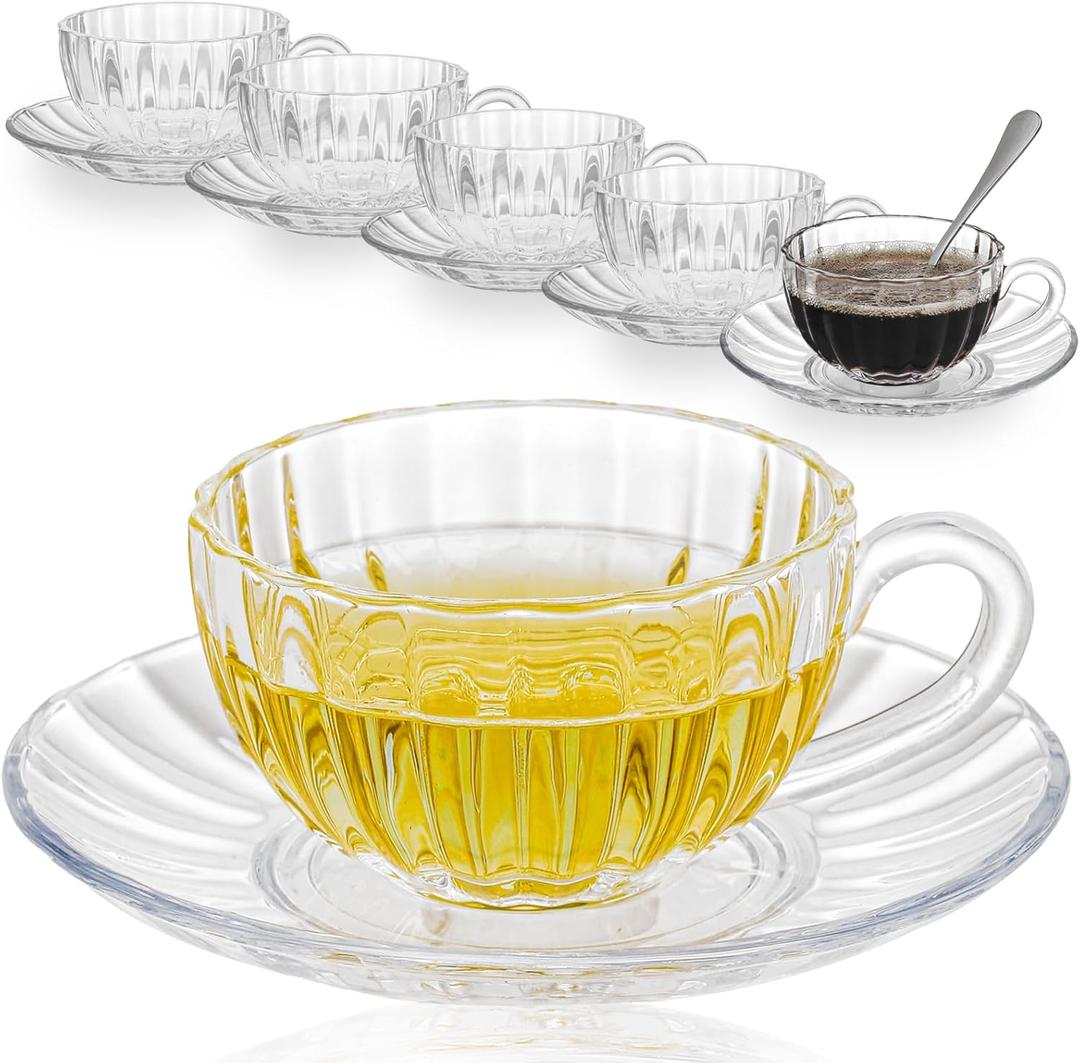 Glass Tea Cups and Saucers Set of 6, Clear Coffee Mugs with Stainless Steel Spoon, Dishwasher & Microwave Safe Teacups for Espresso Cappuccino Latte Tea Juice, 6OZ/180ML