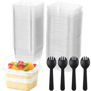 Homaisson 100 PCS 8 oz Plastic Dessert Cups, Disposable Parfait Cup with Lid and Spork, Square Clear To Go Containers for Pudding, Yogurt, Mousse, Trifle, Ice Cream, Cake, Fruit