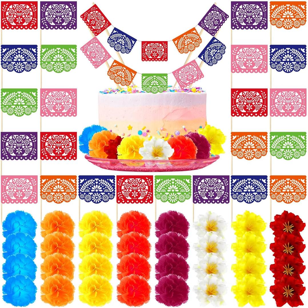 56 Pcs Fiesta Cake Topper Mini Mexican Papel Picado Banner and Flowers Cake Decor Toppers Fiesta Decorations for Party Decorations Mexican Themed Birthday Party Supplies