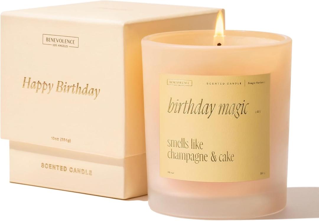 Benevolence LA Birthday Magic Scented Candles | 10 oz, 40-50 Hour Burn | Gifts for Women | Celebration Candle for Best Friend, Mom | Unique Womens Birthday Gift - Smells Like Champagne & Cake