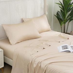 DOWNCOOL King Size Sheets Set - 100% Cotton Sheets, King Sheets Deep Pocket Up to 16", 400 Thread Count Sateen, Silky Soft & Cooling Bed Sheets King Size, 4-Piece Hotel Luxury King Sheet Set Beige