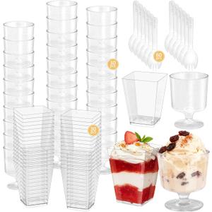 120 Pcs Plastic Dessert Cups with Spoons, 5 OZ Mini Clear Plastic Dessert Parfait Cup, Reusable Square Dessert Shot Glasses and Round Goblet for Party Ice Cream Cake Yogurt Fruit Pudding