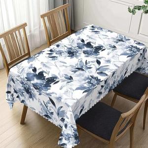 DANSICUINI Navy Blue Floral Rectangle Tablecloth Dark Blue and White Flower Table Cloth Watercolor Flowers Rectangular Tablecloth Table Cover for Dining Kitchen Party 116 x 58 Inch