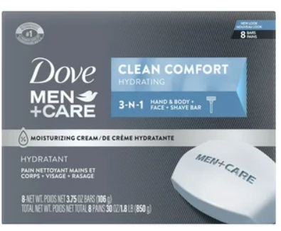 DOVE MEN + CARE 3 in 1 Bar Cleanser for Body, Face, and Shaving Extra Fresh Body and Facial Cleanser More Moisturizing Than Bar Soap to Clean and Hydrate Skin 3.75 Ounce (Pack of 8)