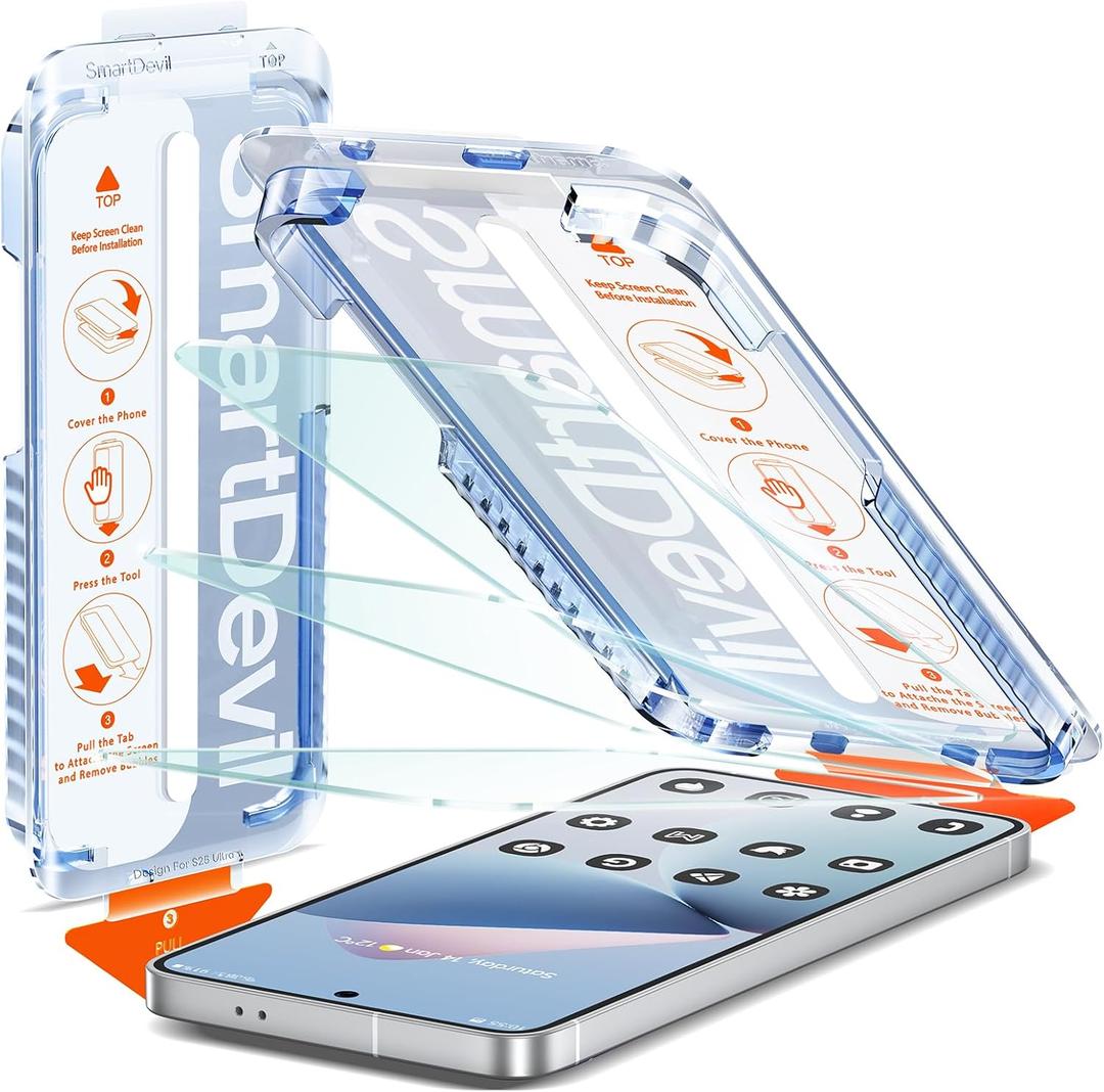 SMARTDEVIL [3 Pack for Samsung Galaxy S25 Screen Protector, Finger Print Reader Compatible, Fast & Easy Installation, Clear 9H Tempered Glass Film, Alignment Frame [Dust-Free & Bubble-Free]