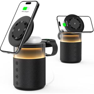 5-in-1 Wireless Charging Station with Bluetooth Speaker,Magnetic Charger with Night Light,Charger Stand with 33W Adapter Compatible with Apple Watch&iPhone 16 15 14 13 12 Pro Max&Wireless Earbuds