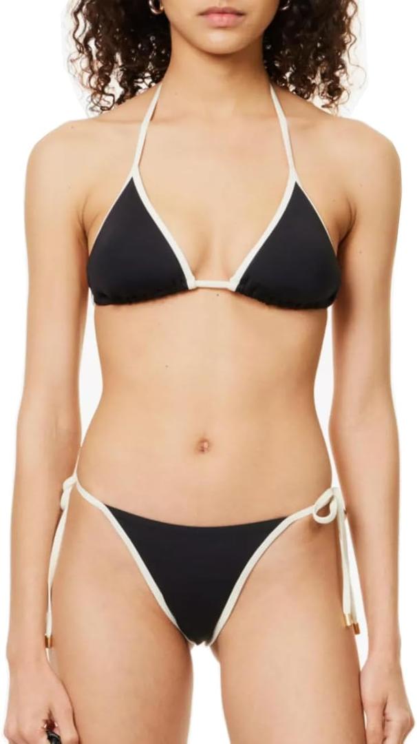 Women Triangle String Bikini Set Color Block Two Piece Brazilian Swimsuit Spaghetti Strap Tie Swimwear (M)