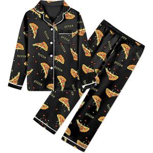 Umeyda Boys Pajamas Sets Long Sleeve Sleepwear 2 Piece Pjs Set (11-12 Years, Black Pizza)