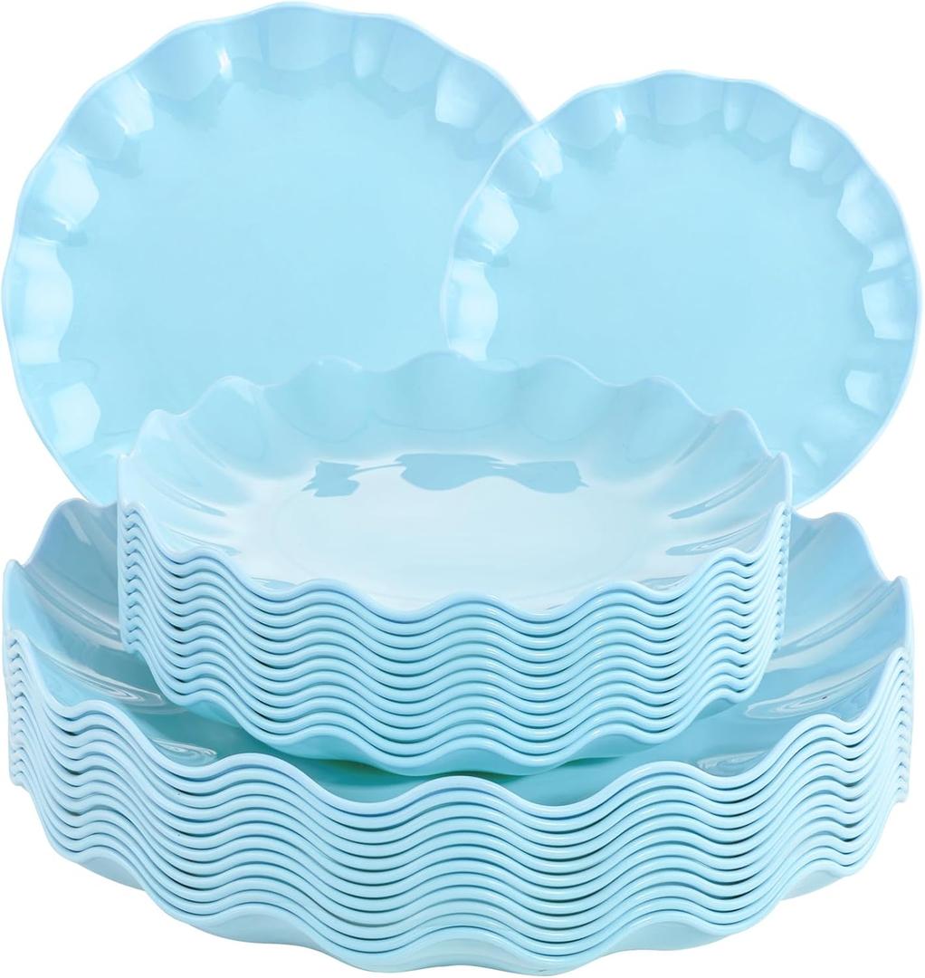 LIYH 24 Pcs Blue Plastic Plates Reusable - Unbreakable Light Blue Scalloped Plates, Dishwasher Safe Camping Plate for Parties, Birthday, Picnics, BPA Free (12Guests)