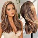 KOME Honey Blonde Highlight Synthetic Lace Front Wig, 13X4 HD Lace Glueless Long Layered Straight Strawberry Blonde Wigs for Women Daily Use 20IN #TT4/243