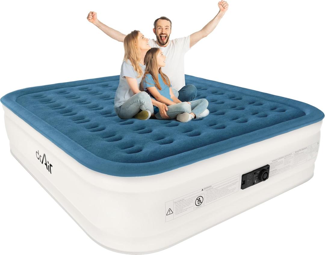 King Air Mattress, 18 Raised Inflatable Bed with Built-in Pump, Waterproof Velvety Top, Ergonomic Design, Reinforced Support, and Carry Bag for Home, Camping, and Guests (Ocean Blue/White)