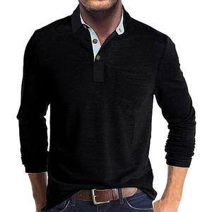 Men's Casual Polo Shirts Classic Button Basic Long Sleeve Shirt Solid Color Cotton Tees Stylish Tops, M