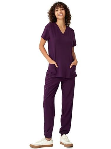 floralhue Scrubs for Women, V-Neck Scrubs Top & Cargo Pants, Scrubs Set with 10 Pockets, Yoga Waistband, 4 Way Stretch, Dark Purple, Large