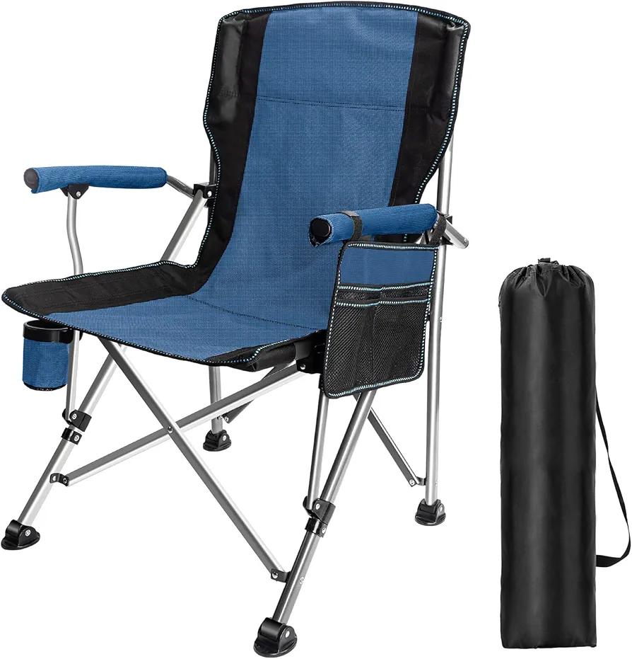LAMA Folding Camping Chairs for Adults, High Back Directors Chair with Arm Rest, Heavy Duty 330 LBS Capacity Outdoor Camp Chair with Cup Holder for Camping Hiking Sports, Grey