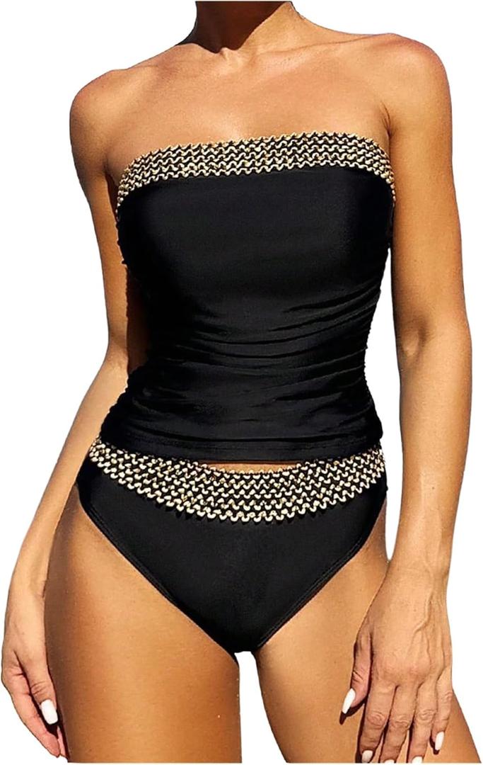 WDIRARA Women's 2 Piece Color Block Tankini Set Bandeau Strapless Ruched Bathing Swimsuit (Black Boho)