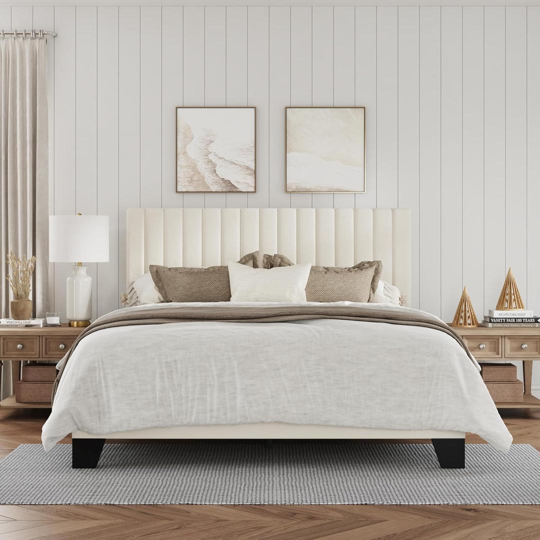 Queen Size Bed Frame, Velvet Upholstered Platform Bed with Adjustable Tufted Headboard, Sturdy Frame and Slats, Noiseless, No Box Spring Required, Easy to Assemble, Beige