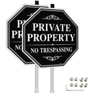 GicnKeuz Large No Trespassing Signs Private Property Sign with 36" Metal Stakes, 12"x12" Heavy Duty Aluminum Signs,Fade Resistant/Waterproof, Including Screws, Easy to Install, Outdoor Use (2-Pack)