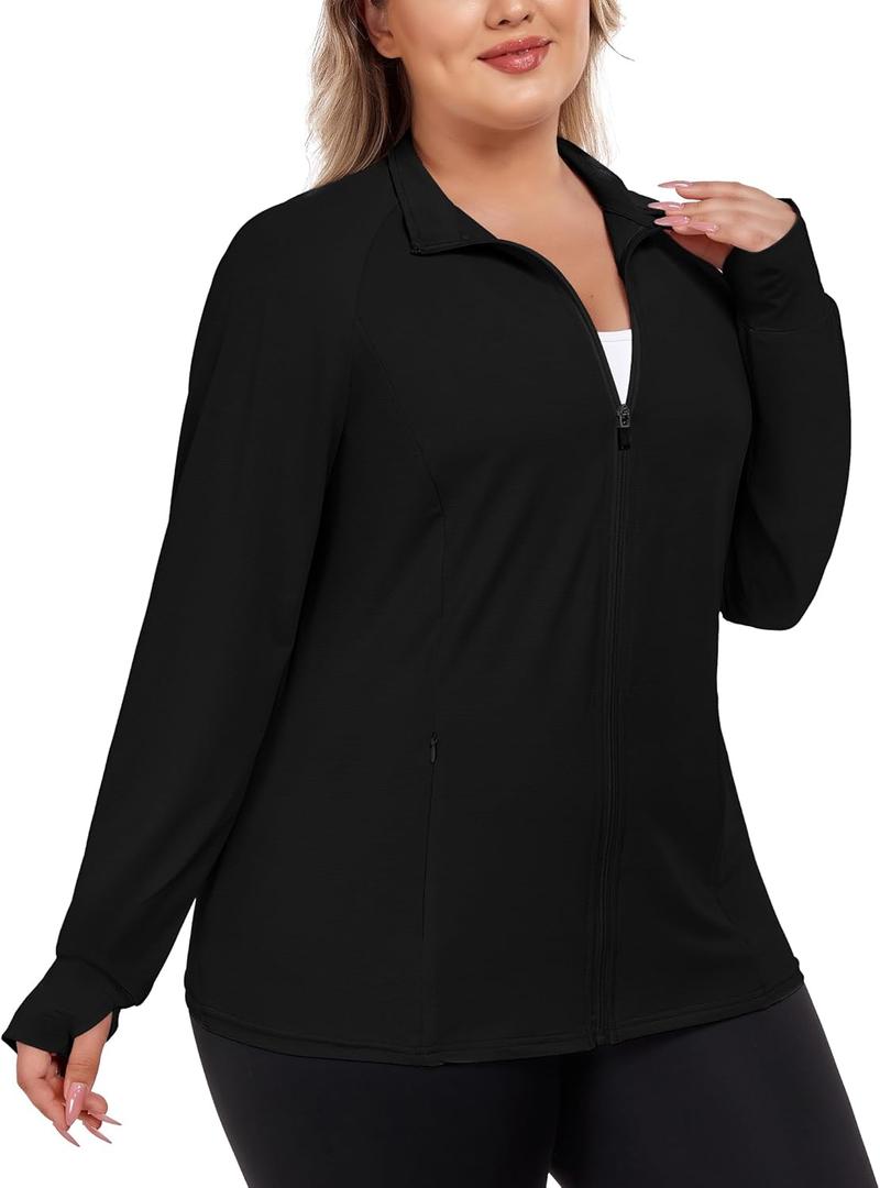FOREYOND Womens Plus Size UPF 50+ Sun Protection Jacket Lightweight Zip Up Hoodie Cooling Long Sleeve Sun Shirts Workout (X-Large Plus, Black)