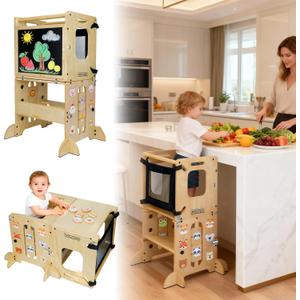 Toddler Tower Foldable, Animal Magnets Learning Kids Kitchen Step Stool, 4-in-1 Toddler Standing Tower with Blackboard, Anti-Tip Safety Feet, Foldable Wooden Helper for Ages 14 (CPC Certified)