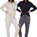 Real Essentials 2 Pack: Women's Soft Long Sleeve Sleep Set - Comfortable Lounge Pull Over Hoodie and Henley Jogger (Large)