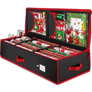 ZOBER Gift Wrapping Paper Organizer Storage - 40" Gift Wrap Storage Containers with Interior Pockets for Bows, Tags & Ribbons - Wrapping Paper Holder, 600D Oxford, Fits 24 Standard Rolls, Black/Red