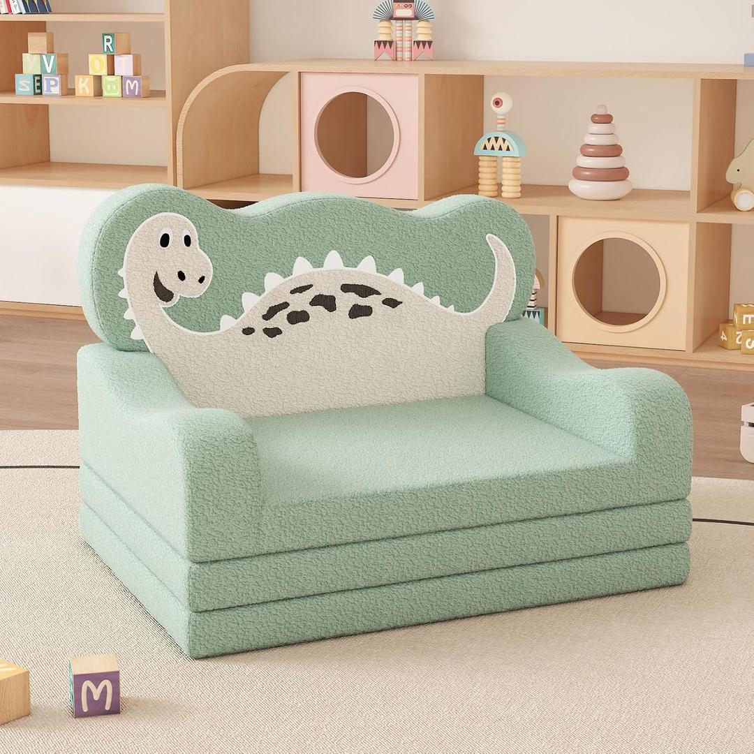 YACODAVO 2-in-1 Toddler Couch Fold Out, Foldable Kids Sofa, Kids Chairs Comfy, Gift for Boys, Gift for Birthday, Children's Day, Green Dinosaur