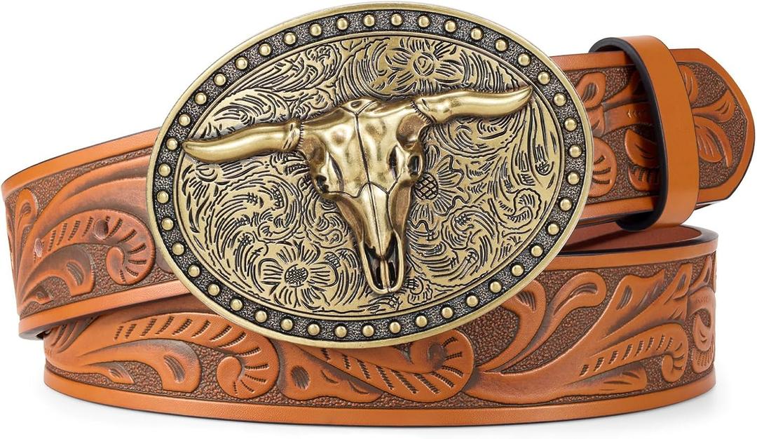 Cowboy Belt Western Belts for Men Women Cowgirl Rodeo Large Bull Buckle Western Leather Belt for Jeans (for Wasit 28"-32", Brown)