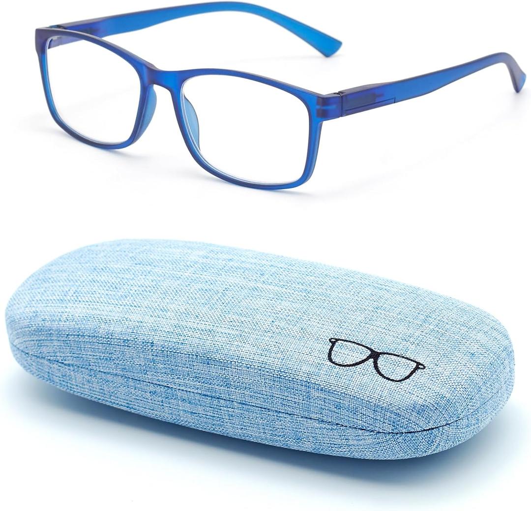 Autojouls 1-Pack Nearsighted Glasses for Distance with Hard Case Blue Light Spring Hinge Glasses Not Reading Glasses, 197 Matte Blue Frame -1.75 x