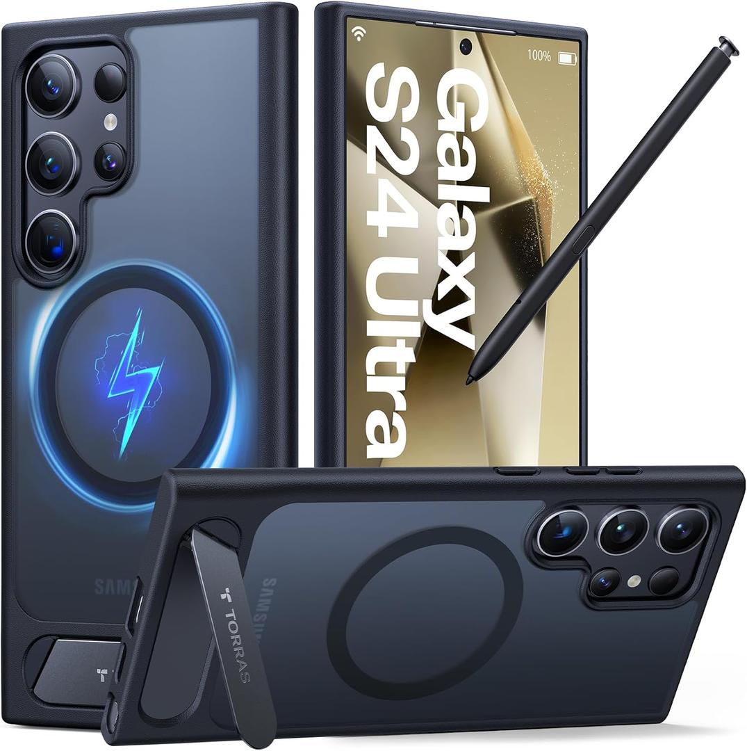 TORRAS Strong Magnetic & Seamless Stand for Samsung Galaxy S24 Ultra Case, Fit for MagSafe, MilGrade Drop Protection, Kickstand for Samsung Galaxy S24 Ultra Case, Translucent Back/Deep Edge