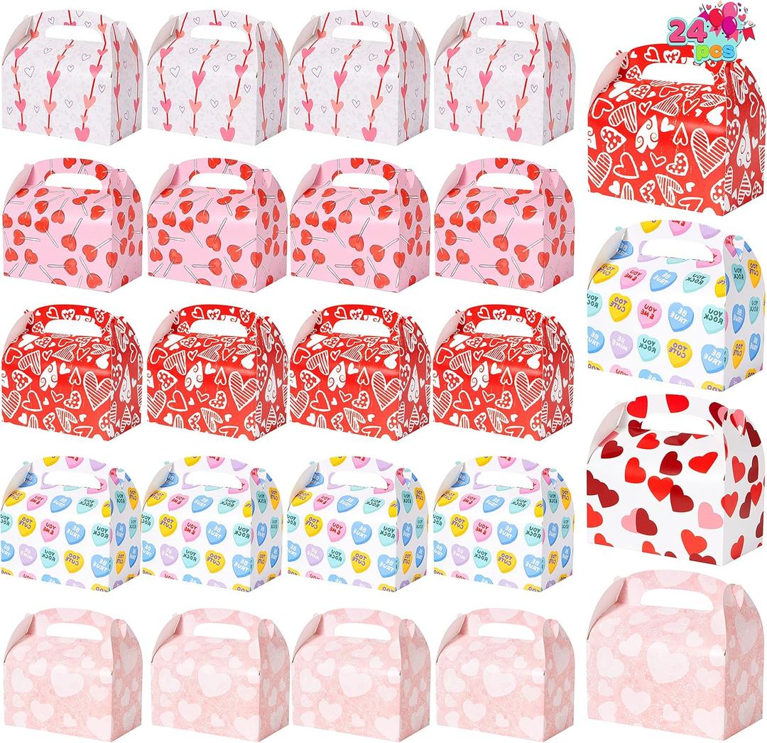 JOYIN 24 Pcs Valentines Day Gift Treat Boxes, Cookie Boxes with Colorful Heart shaped Design for Kids Party Favor, Classroom Exchange Prizes, Valentines Candy Boxes (pink)