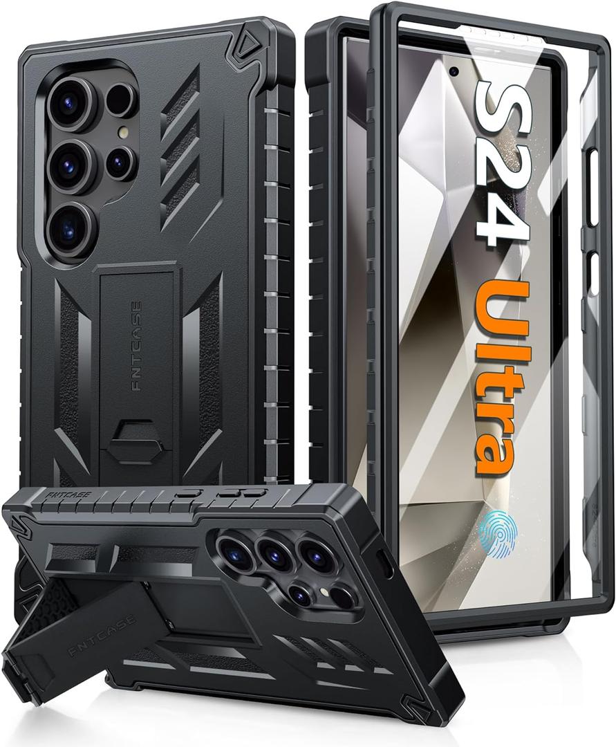 FNTCASE for Samsung Galaxy S24-Ultra Case: Military Grade Drop Proof Protection Cases with Kickstand | Shockproof Rugged Hard Phonecase Heavy Duty Matte Textured Protective Cover - 6.8 Inch Black