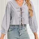 LUXEBOLD Womens Tops Cute Tie Front Striped Blouses Dressy Casual V Neck Shirts Long Sleeve Crop Tops Summer Black L (L)