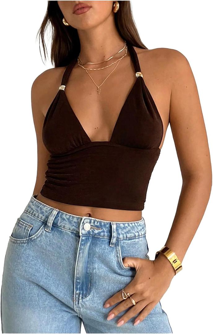 Milumia Women's Metal Deep V Neck Halter Top Sexy Backless Slim Fit Party Crop Tops (Brown, M)