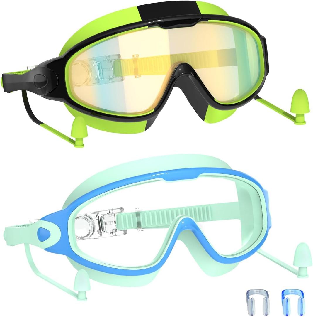 Swim Goggles for Kids 3-15 with Earplugs Large Frame Anti-Fog/UV Swimming Goggles for Boys Girls Toddler 2PCS (Green and Black &Blue)
