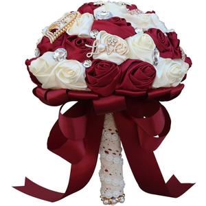 Sharebeauty 5.9 Inch Handmade Satin Rose Bridal Bouquet Toss Round Wedding Bouquet Throw Toss Artificial Flower Bunch Dark Red + Ivory