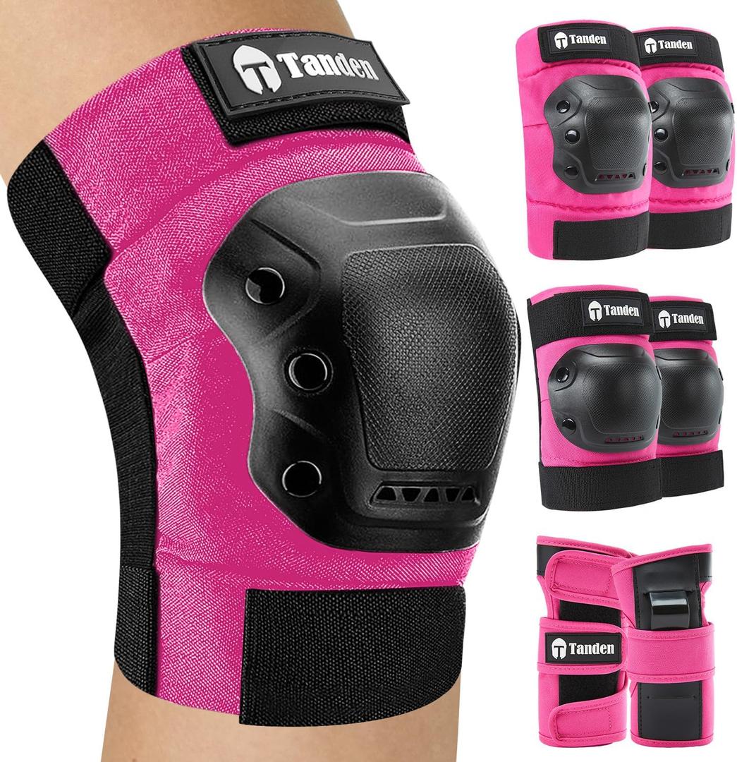 Tanden Skateboard Protective Gear Knee Pads and Elbow Pads Set, Elbow and Knee Pads for Roller Skating Wrist Guards Skateboarding Pads (Youth (9-15 years), Pink)