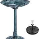 Water Fountain and Birdbath Solar Powered Polyresin Vintage Bronze/Green Outdoor Pond Fountain Combo Set Freestanding Bird Feeders for Garden Patio Deck or Yard