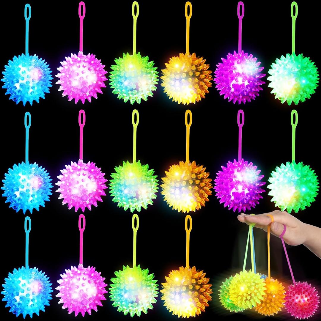 Civaner 24 Pcs Light up Balls LED Flashing Spiky Bouncy Balls 2.56 Inch Sensory Toys Bulk Light up with Rope Flash Squeaky Rubber Fidget Toy Spiky Party Favors for Rewards Gifts, 6 Colors