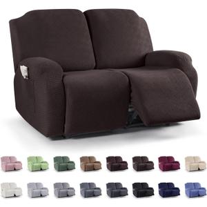 KinCam Recliner Loveseat Covers, Stretch Reclining Cover, Recliner Sofa Slipcovers Stripe Jacquard Recliner Couch Covers Furniture Protector Cover for Pet Kid (2 Seater, Chocolate)
