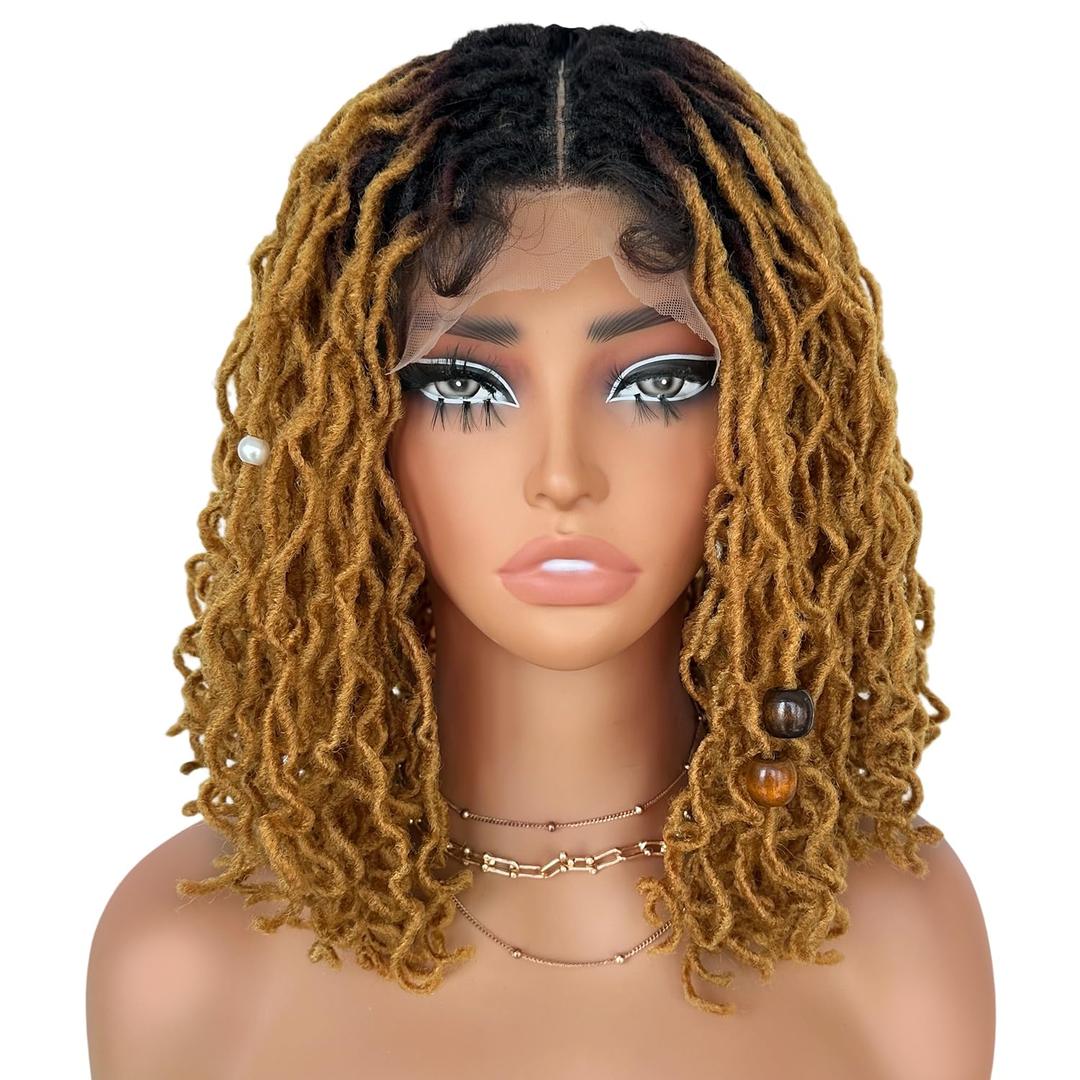SOKU Short Curly Twist Faux Locs Wigs for Black Women 14 Inch Ombre Strawberry Blonde 4x4 Lace Frontal Dreadlock Wigs Afro Curly Braided Synthetic Glueless Wig