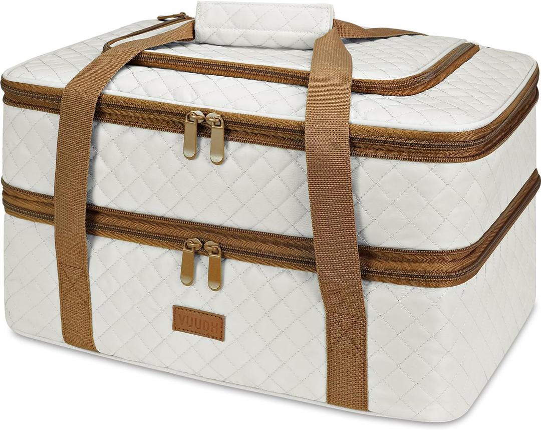 Vuudh Quilted Insulated Double Casserole Carrier - Thermal Lunch Tote for Potluck Parties, Picnic, Beach, Fits 9 x 18 Inches Baking Dish, Casserole Dish, Expandable (Beige)