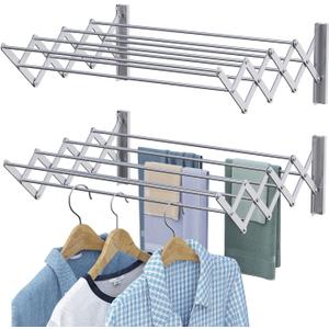 X-cosrack Wall Mounted Clothes Drying Rack, 31.9" Wide Large Rustproof Retractable Laundry Drying Rack, 8 Bar Space-Saving Aluminium Alloys Clothing Hanger Drying Racks forLaundry (Silver)