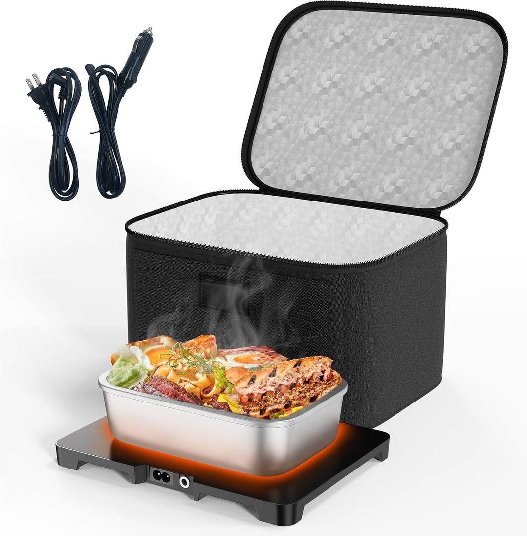 Lunch Bags Built-in Heating Plate - 3-In-1 Portable Electric Lunch Box Works in Car/Truck Lighter Ports and Wall Outlets,12V/24V/110V Mini Oven Food Warmer,Heated for Office Travel Work Meal Reheating (Black)