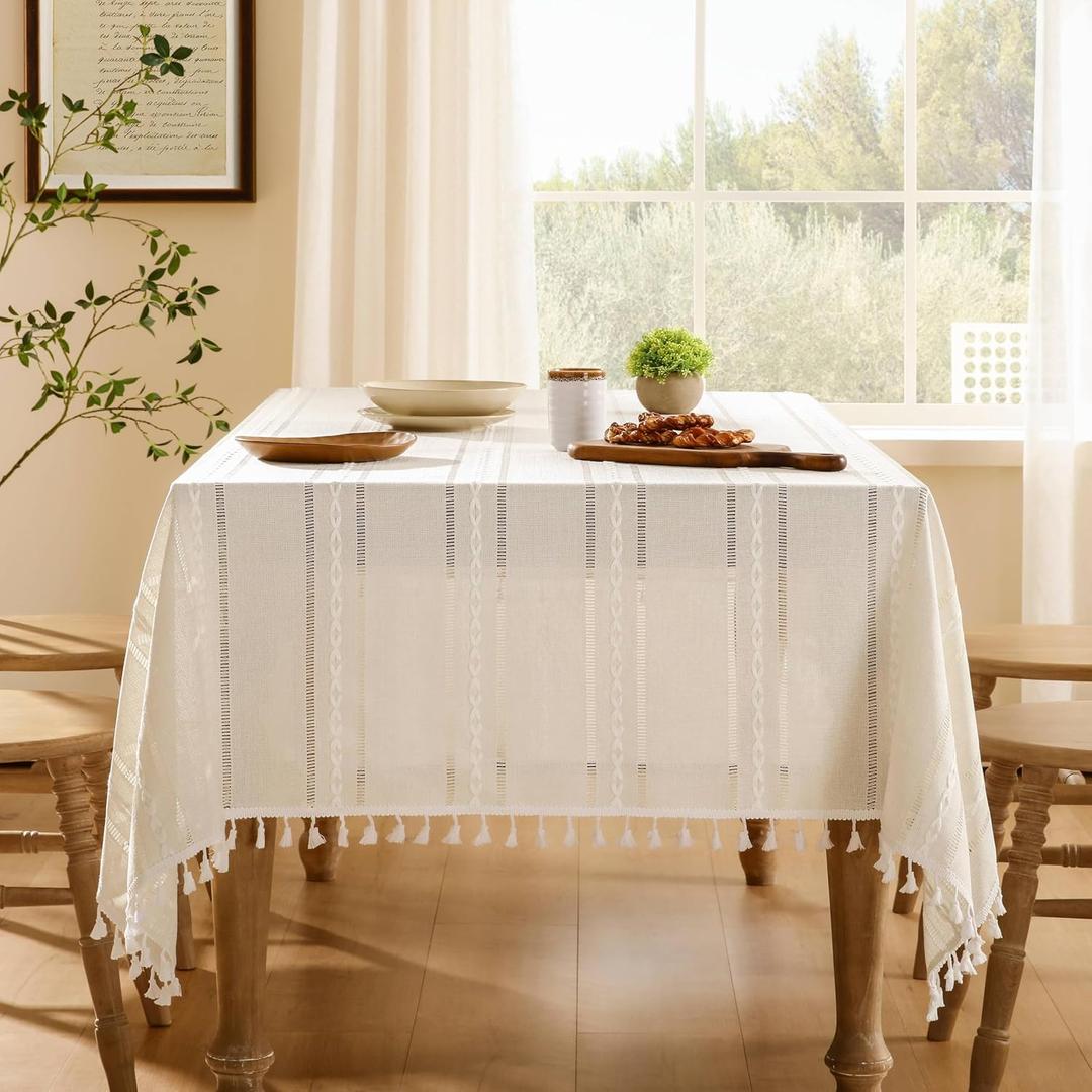 ZeeMart Hemstitched Embroidery Striped Boho Tablecloth 54x70 Inch Ivory, Heavy Weight Farmhouse Burlap Linen Off White Tablecloth, Wrinkle Resistant Washable Table Cloth for Rectangle Table